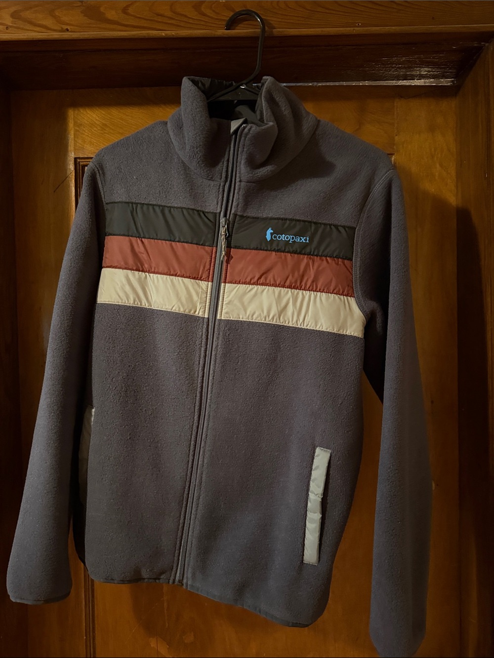 Cotopaxi Gray Fleece Jacket with Rust and Cream Stripes